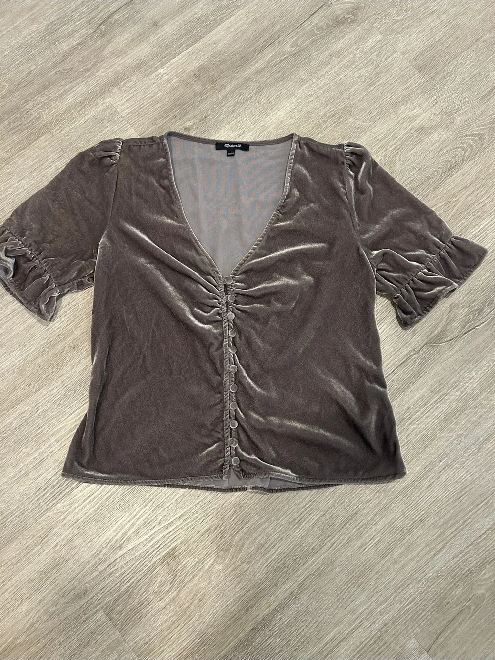 Madewell Taupe Velvet V-Neck Button Front Top